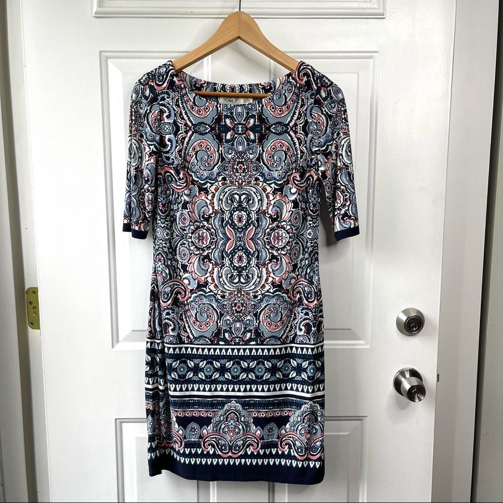 Eliza J Blue Patterned 3/4 Sleeve Boatneck Sheath Dress Size 2